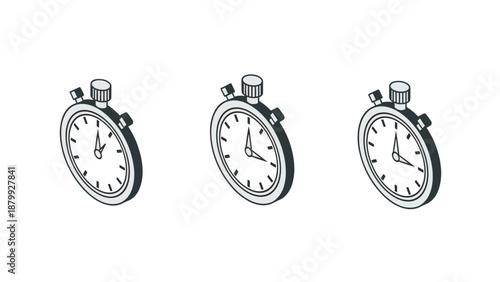 Three isometric stopwatch icons in a row, representing time and measurement