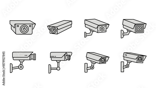 Collection of eight different security camera icons in a simple line art style