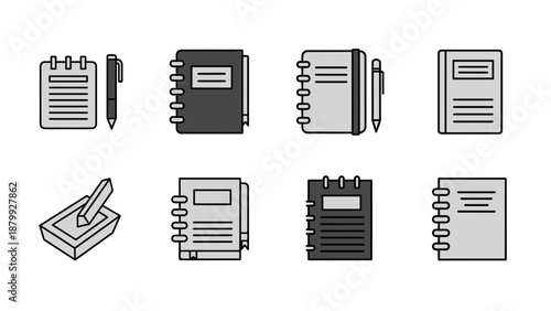 Collection of notebook and pen icons for planning and writing tasks