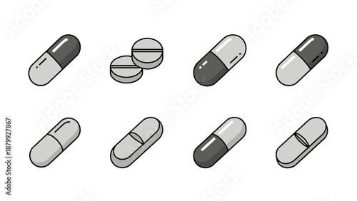 Collection of simple flat design icons representing various pills and capsules on a white background