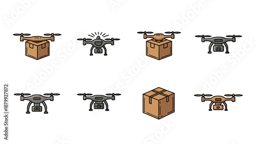 Drone delivery icons set, showing drones carrying packages and flying autonomously