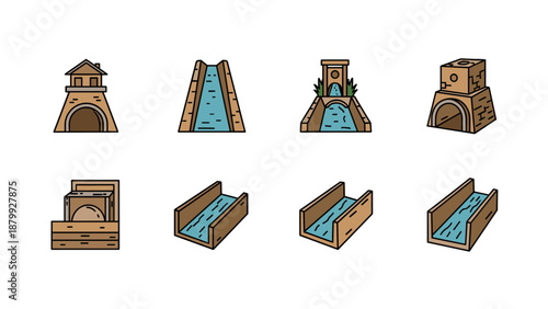 Collection of stylized water channels and structures, representing aqueducts and water management systems