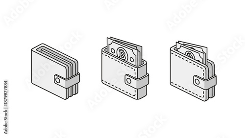 Isometric illustration of wallets with cash and bitcoin symbol on white background