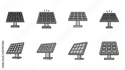 Collection of solar panel icons in various perspectives and styles for renewable energy concepts