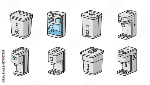 Collection of isometric coffee makers and water dispensers in a clean, modern style