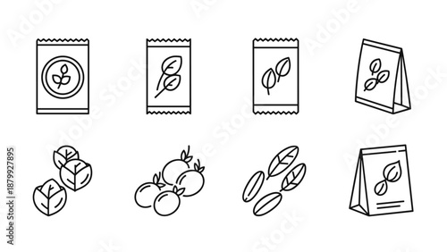 Collection of seed packet icons and plant sprout illustrations on a white background