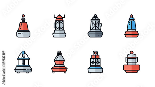Collection of diverse nautical buoys and navigation markers in a flat icon style