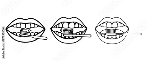 Simple line art depicts three stages of applying toothpaste to a toothbrush for daily oral hygiene and dental care.