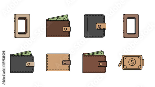 Collection of flat design wallet icons with cash and card holder illustrations
