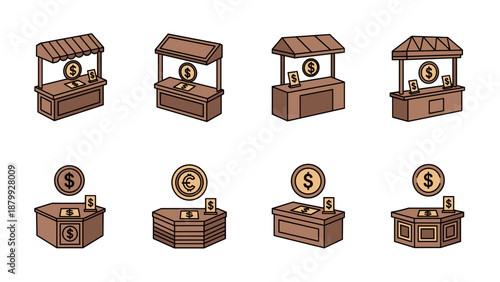 Collection of market stalls and stands with currency symbols for commerce and trade