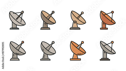 Collection of eight satellite dish icons in various colors and styles on a white background
