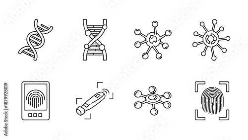 Collection of scientific and biometric icons representing DNA, viruses, and fingerprint scanning technology