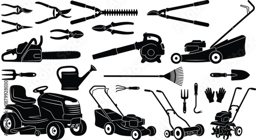 gardening tools silhouette set, lawn equipment icons, garden maintenance machinery collection, isolated black vector illustration