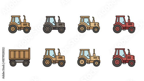Collection of colorful tractor icons and a trailer on a white background