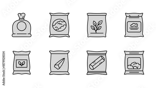 Collection of eight different seed and fertilizer bag icons with various agricultural symbols