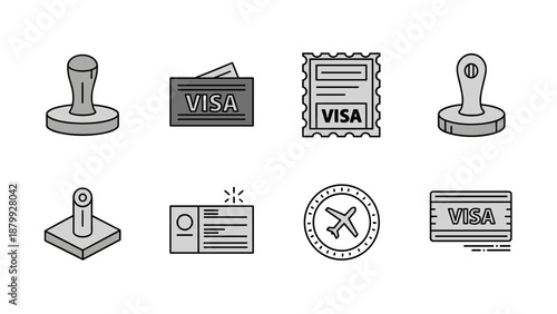 Collection of travel and payment icons including visa, passport, and stamps