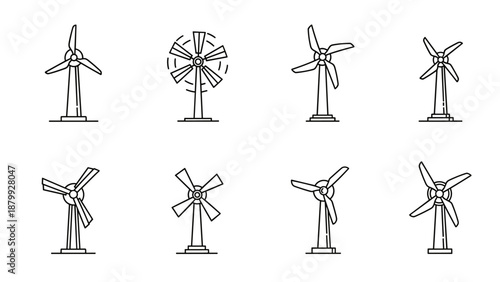 Collection of eight different wind turbine icons in a clean, modern line art style