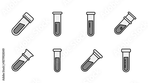 Collection of simple flat icons representing laboratory test tubes with liquid