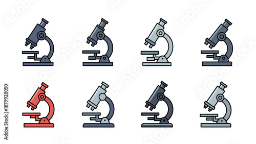 Collection of colorful microscope icons representing scientific research and discovery