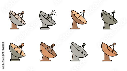 Collection of satellite dish icons in various colors and styles for communication and technology themes