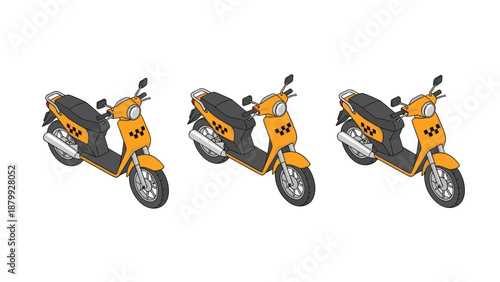 Three yellow scooters with taxi symbols in isometric view on a white background