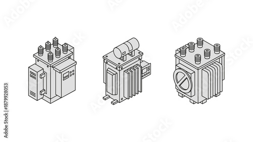 Set of three isometric electrical transformers with clean line art style on white background