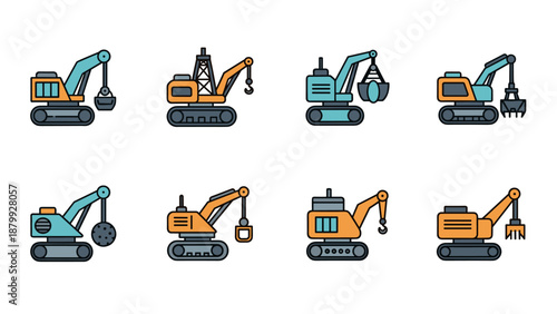Collection of eight different construction excavator icons with various attachments and colors