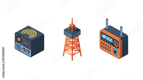 Isometric icons of radio tower, vintage radio, and modern receiver on white background