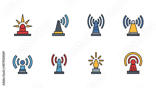 Collection of stylized icons representing radio towers and signal transmission devices