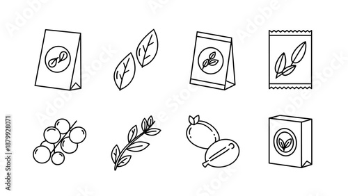 Collection of simple line art icons representing seeds, herbs, and packaged goods
