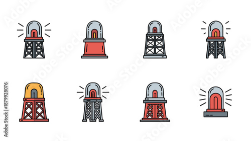 Collection of warning lights and sirens on towers, representing alerts and signals