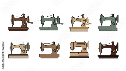 Collection of vintage sewing machines in various colors and styles, flat design