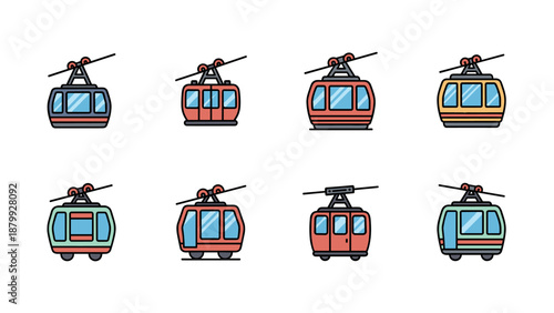 Collection of eight colorful cable car icons with different designs and colors