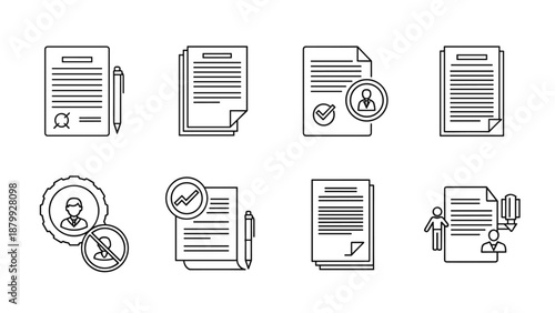 Collection of document icons representing various business and legal processes