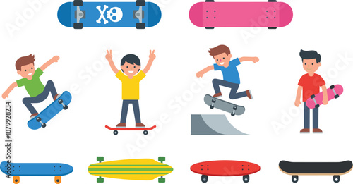 kids skateboarding illustration set, smiling boys with skateboard, jumping tricks, colorful boards, children outdoor sport activity