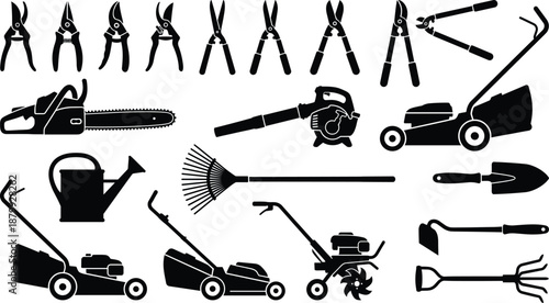 gardening tools silhouette set, lawn equipment icons collection, garden maintenance supplies, isolated black vector illustration