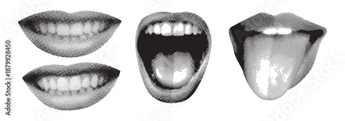 Eyes, mouth, head with halftone stipple effect, for grunge punk y2k collage design. Pop art style dotted crazy elements. Vector illustration for vintage emo gothic banner, music poster