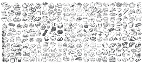 Large Set of Sweet Desserts and Cakes Doodles, Black and White