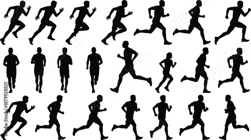 running silhouette motion set, male athlete sprint poses, fitness training movement, isolated black vector illustration