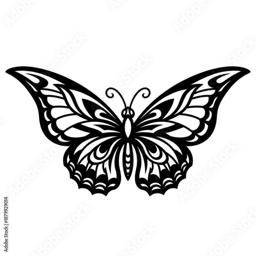 Elegant black butterfly vector illustration featuring a swallowtail insect with detailed wings and artistic nature patterns for a beautiful spring tattoo design