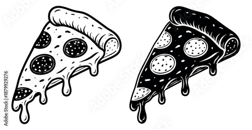 Hand drawn pizza slice set featuring outline and silhouette styles with pepperoni and melted cheese for restaurant menus