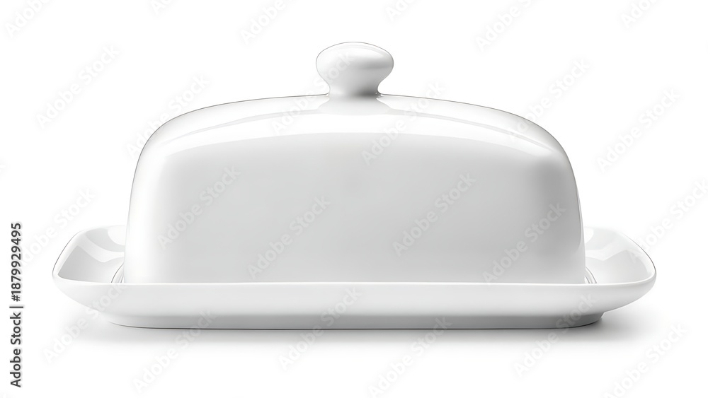 Fototapeta premium Pristine white ceramic butter dish with lid, casting a soft shadow on a white background. Front view