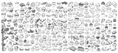 Large Set of Sweet Desserts and Cakes Doodles, Black and White