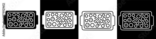 Simple kitchen icon of various food items arranged in a rectangular oven dish.