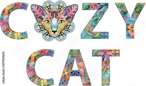 Words COZY CAT. Vector decorative zentangle object for any purpose