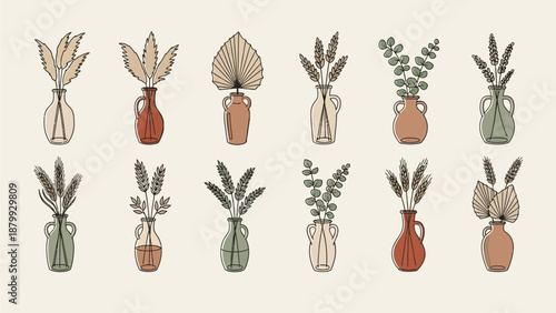 This hand drawn botanical illustration shows decorative houseplants in pots, featuring different leaves and plant varieties. The image represents indoor gardening, home decor, and natural lifestyle ae