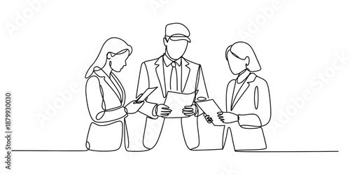 Continuous line drawing of three business people collaborating and discussing documents Vector, illustration