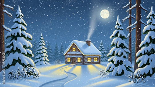 Cozy snow covered cabin with warm lights on a winter night