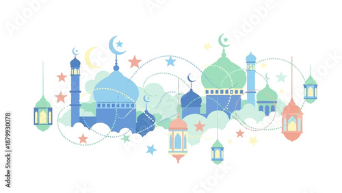 Colorful illustration of mosque and lantern decorations for Ramadhan and Eid Mubarak or Eid Fitr celebration on a white background with vector graphics of moon, star, and frame layout.