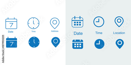 Calendar, Location pin, time icon set. Interface icons. address location pointer and alarm bell. Notice alert sign. business schedule and office time clock. Event icons 